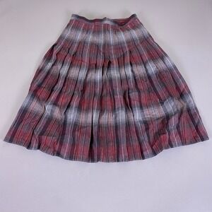 St. Michael Vintage Wool Pleated Plaid Midi Skirt Red Grey Size 16 Made Israel*